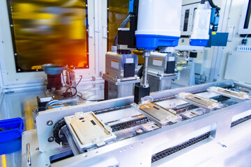 intelligence machine working in mobile phone factory,Smart factory industry 4.0 concept.