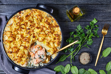 salmon pot pie in a baking dish