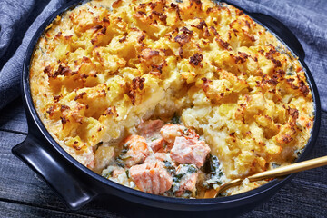salmon pot pie in a baking dish