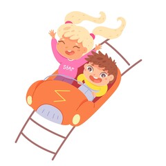 Kids riding in amusement park car. Happy children sitting on rollercoaster in seats vector illustration. Little boy and girl having fun in summer carnival or fair on white background