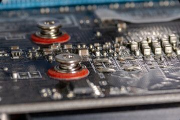 close-up of a working video card on a motherboard in a personal computer