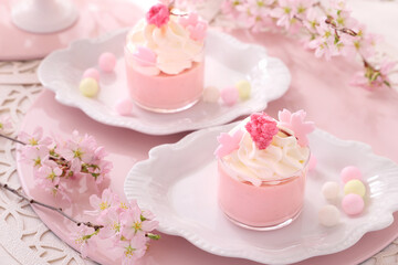 手作り桜ババロア　おうちでお花見　ティータイム