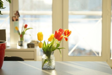 Bouquet of tulips in a vase on a table on a sunny day