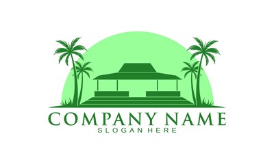 Wooden house and coconut tree vector logo