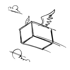 Flying box with wings drawing, fast mail delivery concept