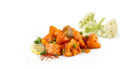 Salmon, chicken, shrimp tossed in a spiced sauce with white cabbage  isolated white background 