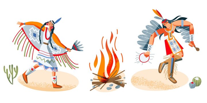 Wild west indian american woman and man dancing. Western native girl and guy in costume vector illustration. Young people performing ritual with music instruments by fire on white background