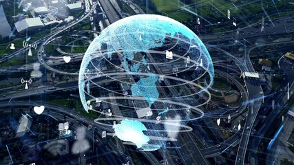 Global connection and internet network modernization in smart city . Concept of future 5G wireless digital connecting and social media networking .