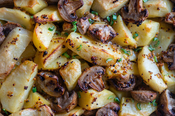 Baked potatoes with mushrooms in Dijon mustard sauce and olive oil
