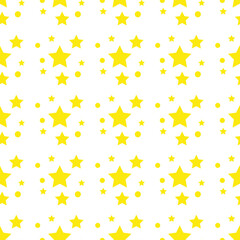 Yellow stars in a chaotic manner on a white isolated background. Children s vector and stock illustration. Apply for printing on fabric, wallpaper, print on clothes and illustrations for books.