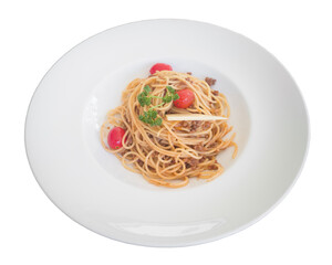 Spaghetti bolognese sauce with beef, cheese, tomatoes and spices on a white plate. Clipping path