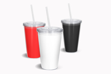 Blank colored disposable cup with straw mock up, isolated. paper soda drinking mug mockup with lid and tube front view. Clear soft drink take away plastic package.3D rendering.
