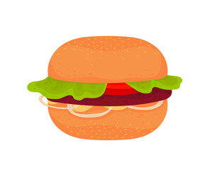 Hamburger with cutlet, onion, tomato, lettuce and sauce. Vector on a white background.