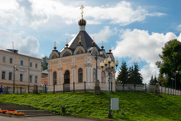 Fototapeta na wymiar Nikolskaya (Nicholas Wonderworker) chapel on Volzhskaya embankment, Rybinsk, Yaroslavl region, Russia