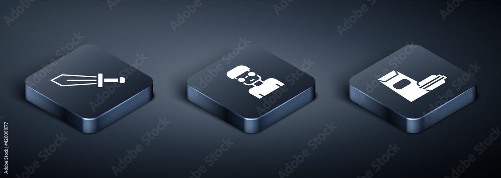 Poster set isometric sword for game, burger and nerd geek icon. vector