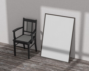 A mockup of the poster standing against the wall next to a black chair