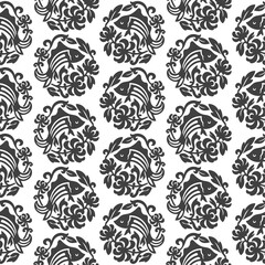 Fish medallion damask seamles pattern black and white background vintage wallpaper