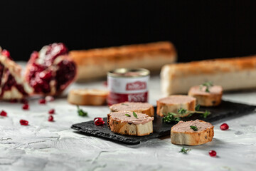 Pate spread on toasted bread with greens and pomegranate, Chicken liver pate spread. place for text