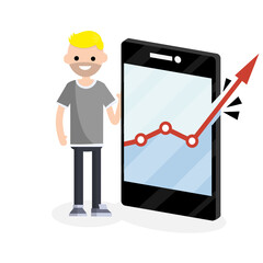 Young man and a huge phone with business growth graph. Blogger and statistics of subscribers and views. Guy and online business. Red arrow breaks the border and frames. Cartoon flat illustration