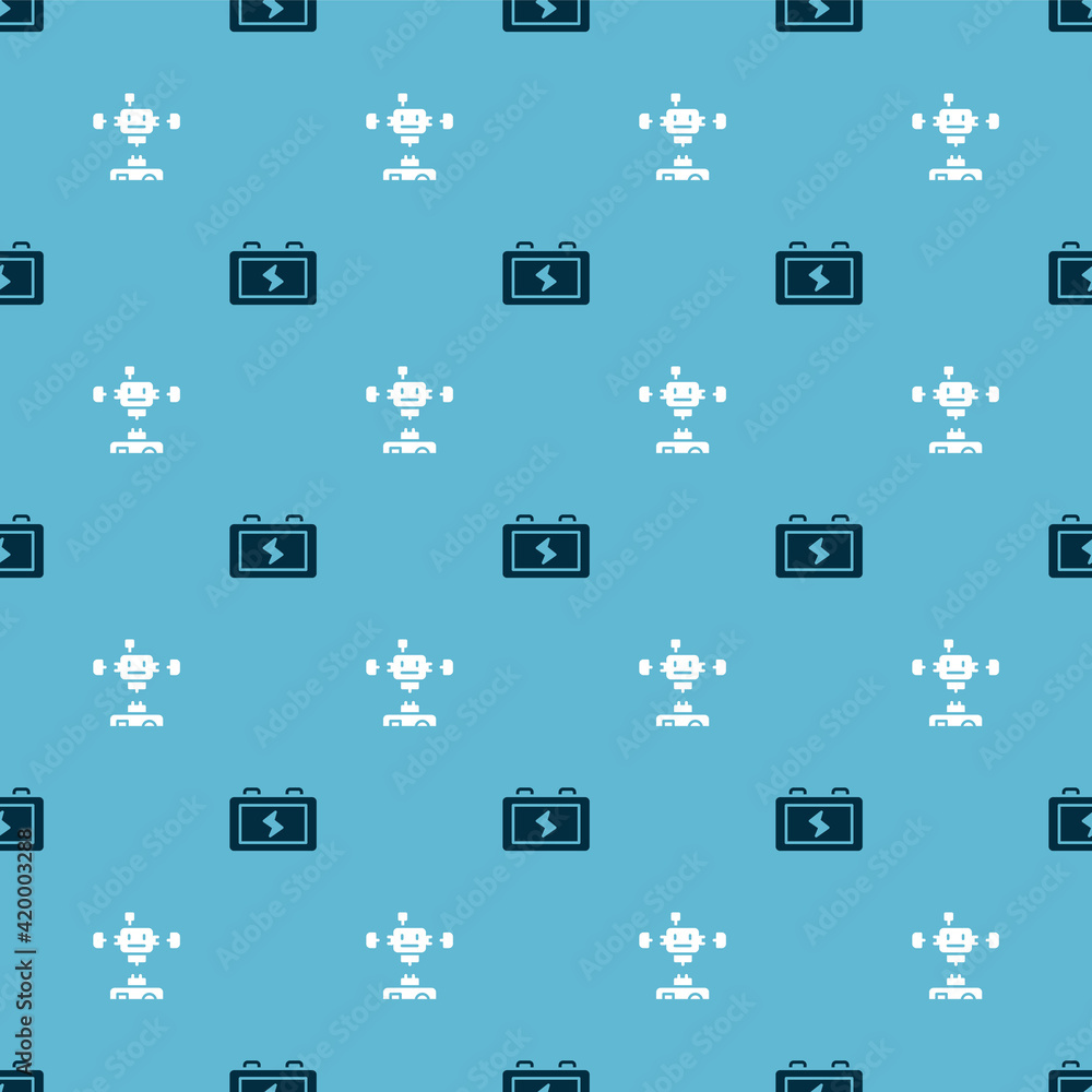 Poster set battery and disassembled robot on seamless pattern. vector