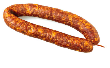 Cold smoked pork sausage on a white background