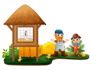Illustration of the farmers and chicken coop on white background
