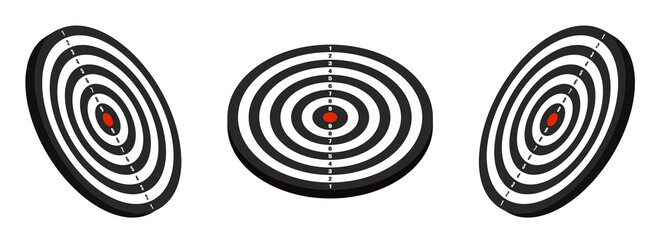 3D sports target with red center. Black and white board target. Equipment for sports competitions. Isometric vector