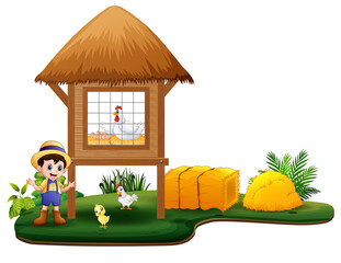 Young farmer and chicken coop on white background © dreamblack46