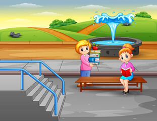 A woman reading books in the park with fountain illustration