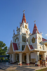 Fototapeta premium Vertical view of Mary Queen of the Rosary cathedral church in catholic Larantuka, East Flores island, East Nusa Tenggara, Indonesia