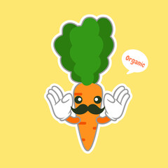 Kawaii and Cute carrot emoji character isolated on color background. Kawaii style fresh funny orange carrot and speach bubble slogan. Flat design cartoon food emoticon. Sweet stylish character sticker