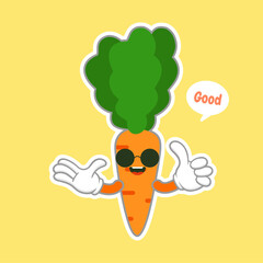 Kawaii and Cute carrot emoji character isolated on color background. Kawaii style fresh funny orange carrot and speach bubble slogan. Flat design cartoon food emoticon. Sweet stylish character sticker