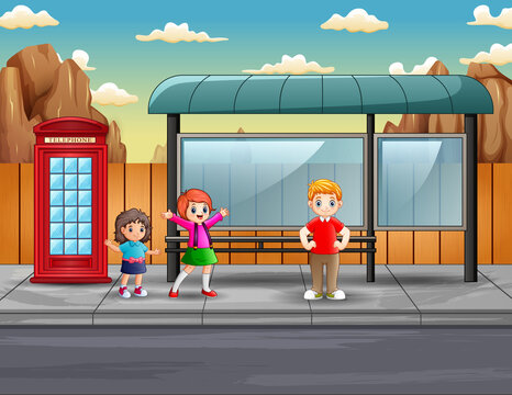 Illustration of the children at the bus stop