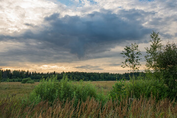 Before the rain. Thundercloud over an agricultural field on a summer evening