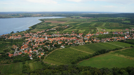 Palava Hill aerial view of Nove Mlyny dam and vineyards, summer holiday concept, Pavlov, Czech Republic