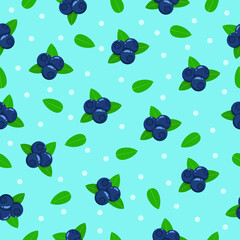 Berrys seamless pattern. Summer vector pattern with blueberry and individual green leaves on a cyan background. For the design of fabrics, packaging and wallpapers.