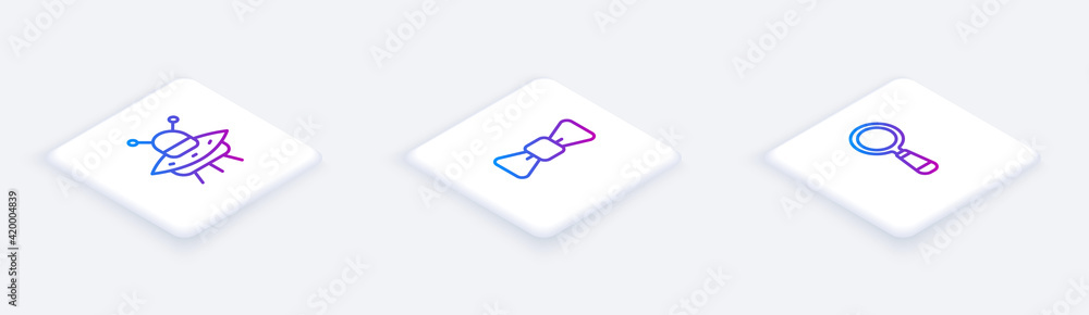 Poster set isometric line ufo flying spaceship, bow tie and magnifying glass. white square button. vector