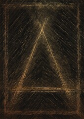 Alchemy symbol - Fire. Classical four elements. Digital artwork, A4. Element has golden glittery texture. Fabric texture on the background.