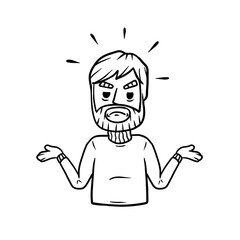 Disgruntled man threw up his hands. Sad character. sorrowful guy. Emotions of malice and unfortunate. Hand-drawn sketch. Unhappy guy