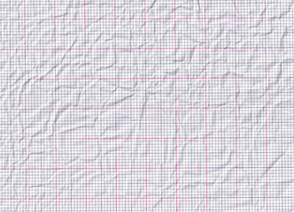 Heavy crumpled paper texture. Heavy crumpled paper. Red graph lines. White graph paper background...