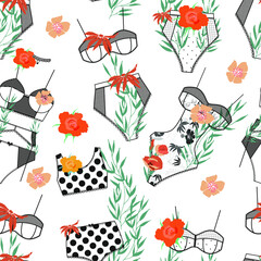 Seamless pattern with beautiful and sexy lingerie for women. Bra, panties, bodysuit, belt, in flowers. Woman underwear with leaves and flowers. Textile.