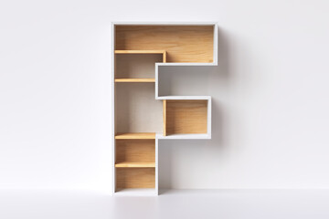 Wood shelf font 3D rendering letter “F” nice for an interior design concept. © DDRENDER