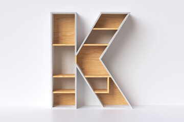 Store wood shelves in the shape of letter “K” nice to display eco friendly products or objects. 3D rendering.