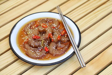 Shrimps (Saewoo-Jang) in Soy Sauce chili, garlic Good tasty dish Korean food fusion Style Pickled...
