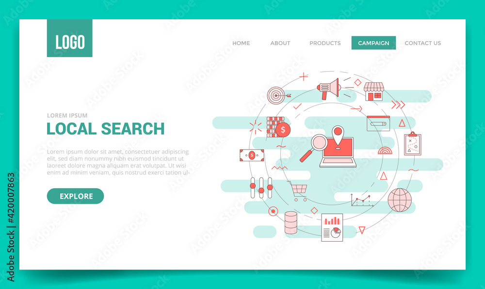 Poster local search concept with circle icon for website template or landing page banner homepage outline s