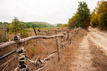Beautiful mountain landscape. A mountain road with a fence, going into the distance. Krasnodar Territory. Russia.