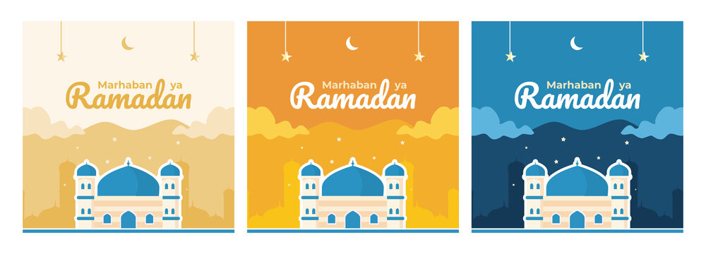Set of islamic background marhaban ya ramadan templates with mosque flat design style. Square Banner with 3 color, navy, orange and cream.