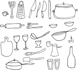 Hand drawing cooking tools. Line art illustration. Knifes, cup, pot, spot. Drawing silhouette. Kitchen
