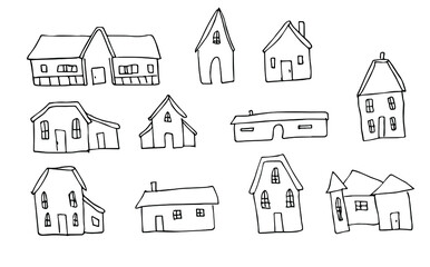 Doodles house hand drawing. Line art. Posters. Home, building. Illustration. Cartoon. Elements with window and doors.