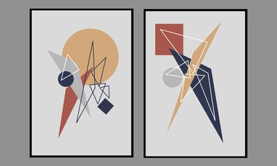 Set two of abstract Geometric mid century modern wall art. Minimalist Geometry wall decor with neutral color. Modern wall Decorations. Vector Ilustration.